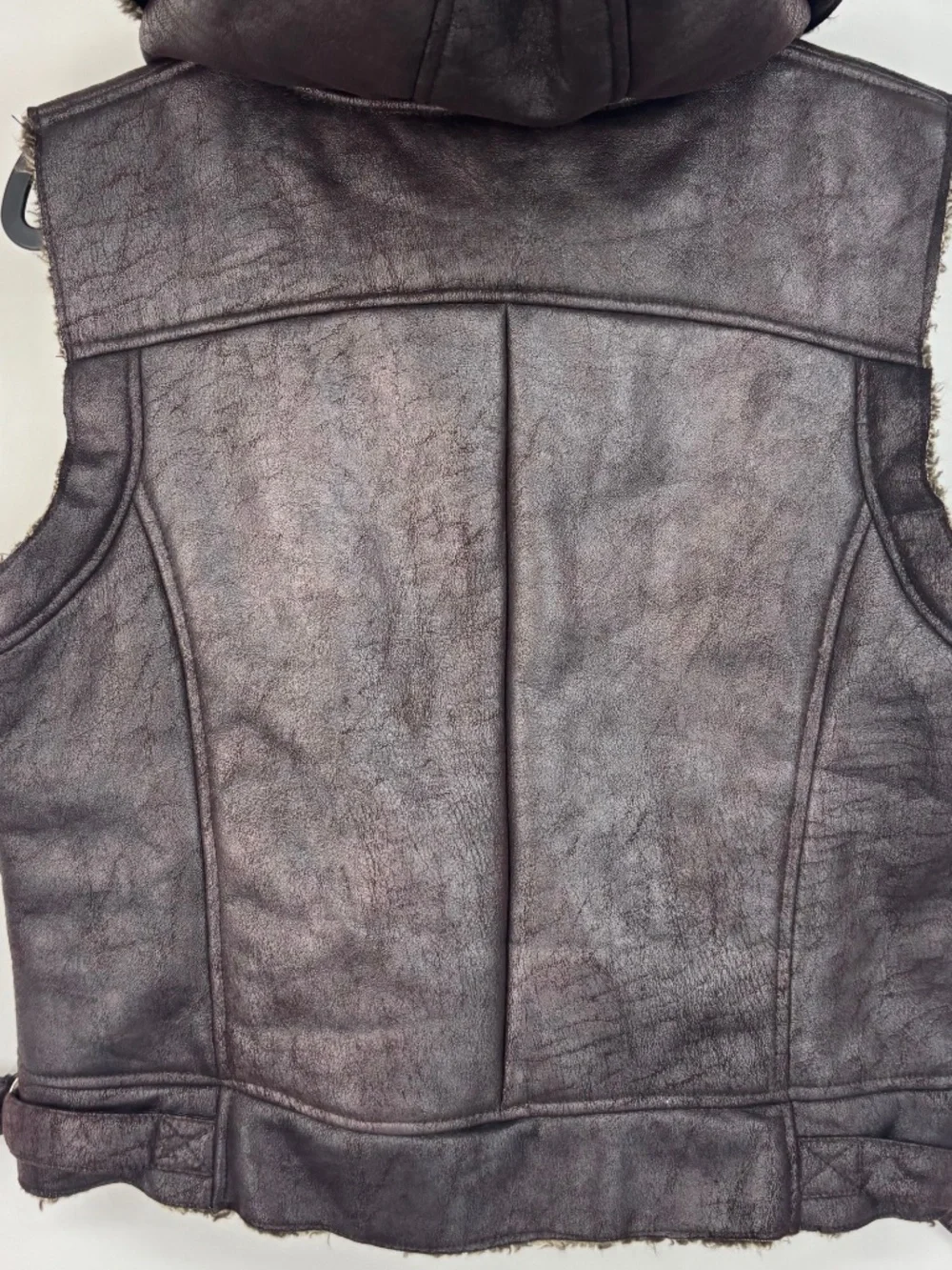 Black Rivet Womens XL Zip Front Hooded Moto Vest Brown Faux Leather Fur Trim